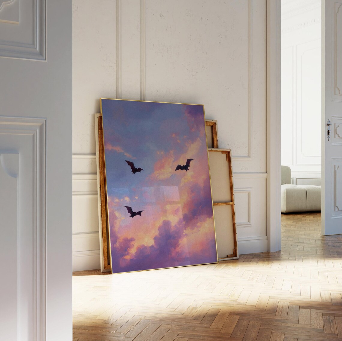 Bats Flying in a Pastel Sky, Pink Halloween Art Print - Image 2