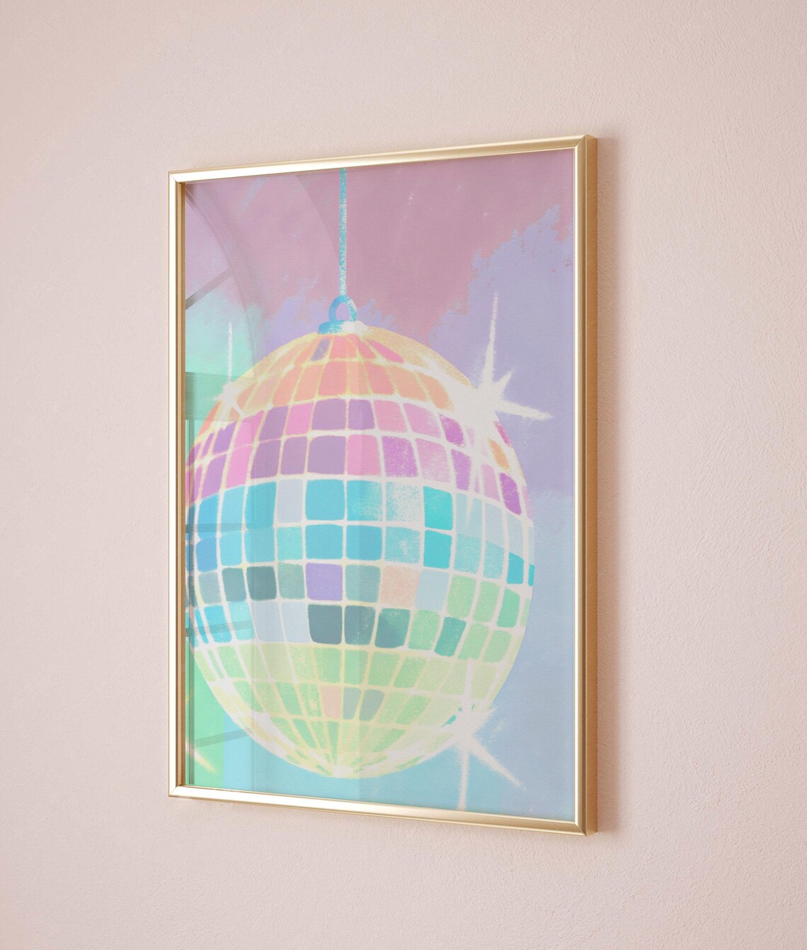 Pastel Rainbow Disco Ball Hanging in Pink Sky Music Party Poster - Image 4