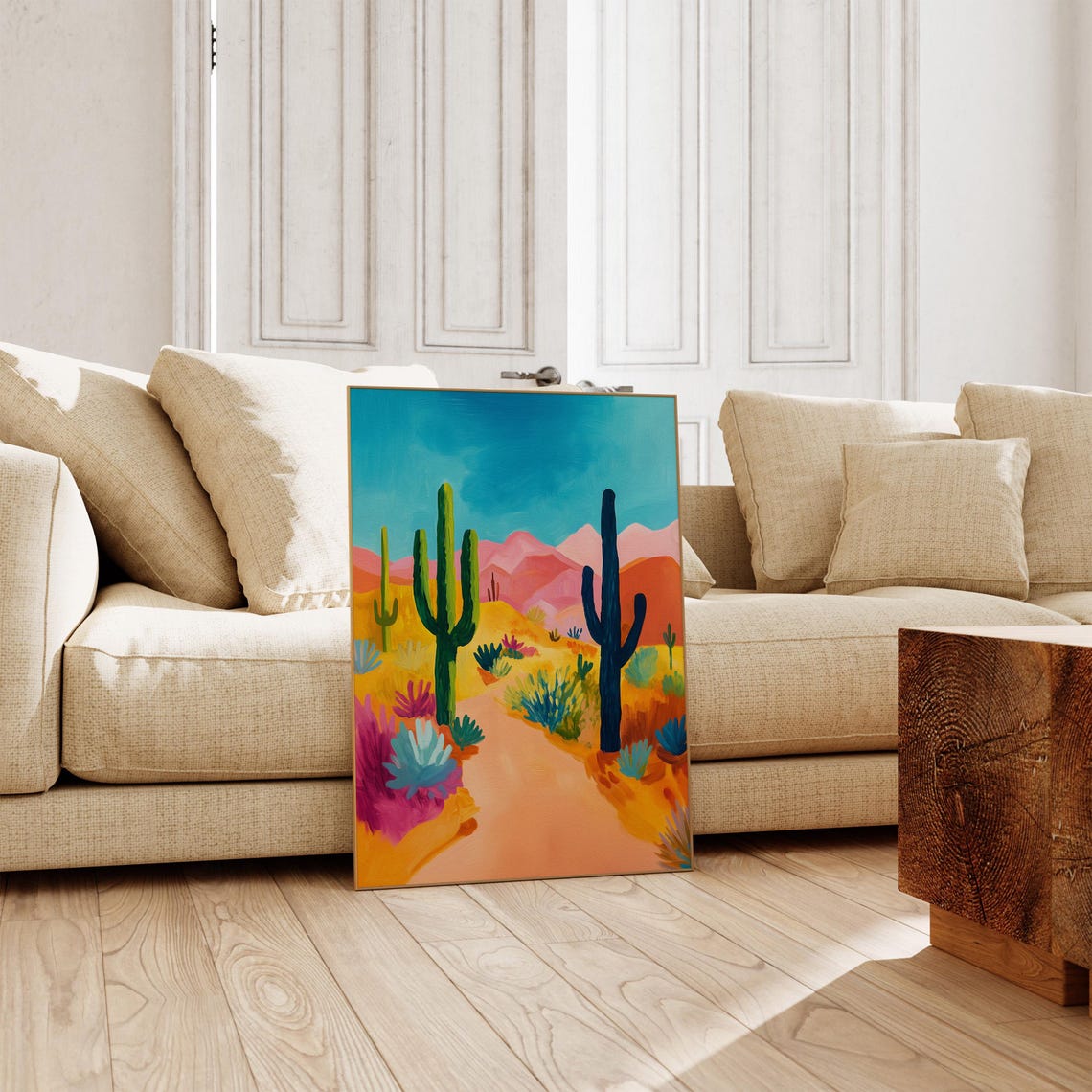 Bold Abstract Desert with Saguaro Cacti and Pink Mountains Poster - Image 5