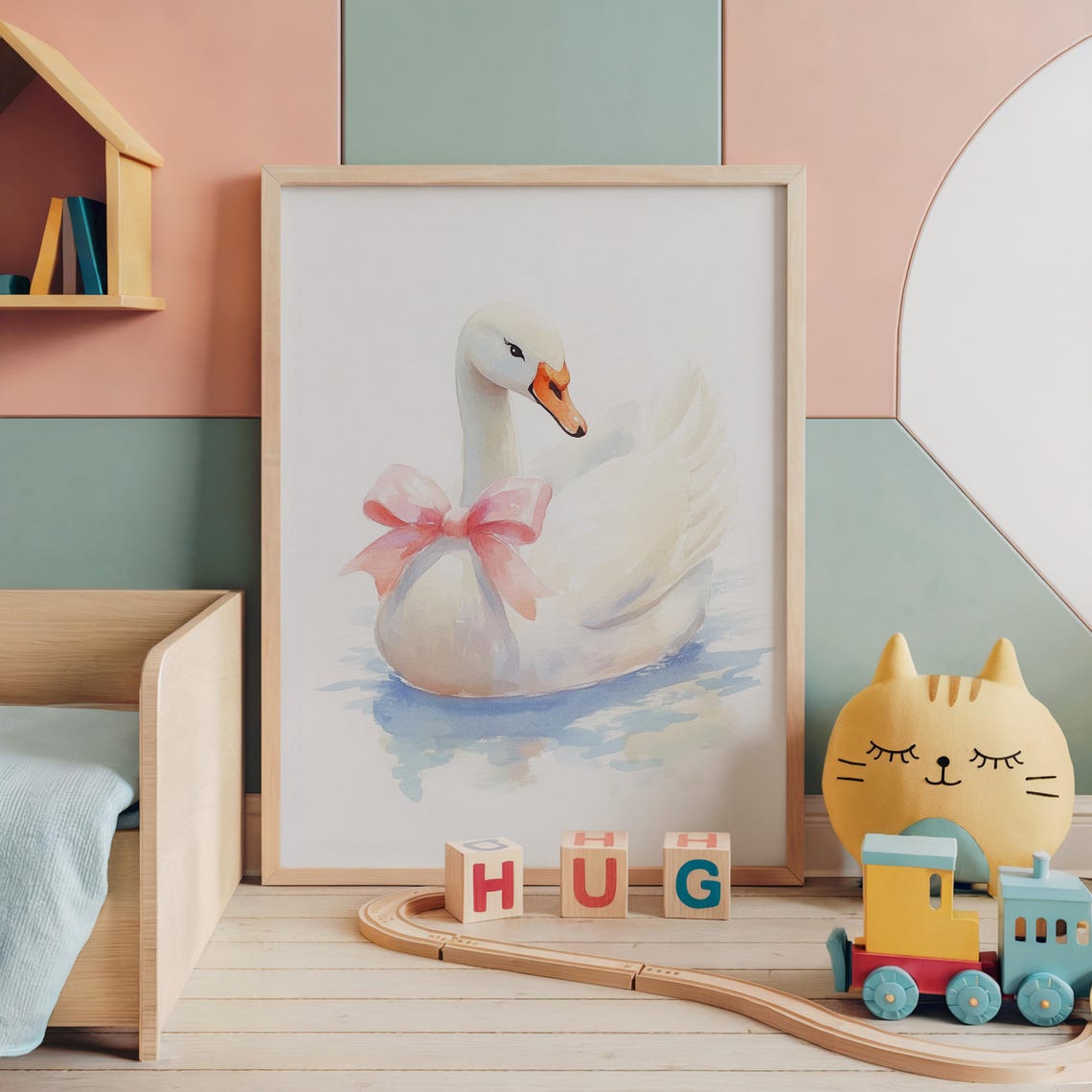 Nursery Swan With Bow Watercolor Painting Kids Room Girly Decor Poster - Image 4
