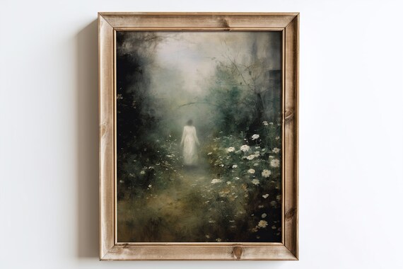 Ghostly Woman in White Dress in Foggy Daisy Garden Spooky Poster