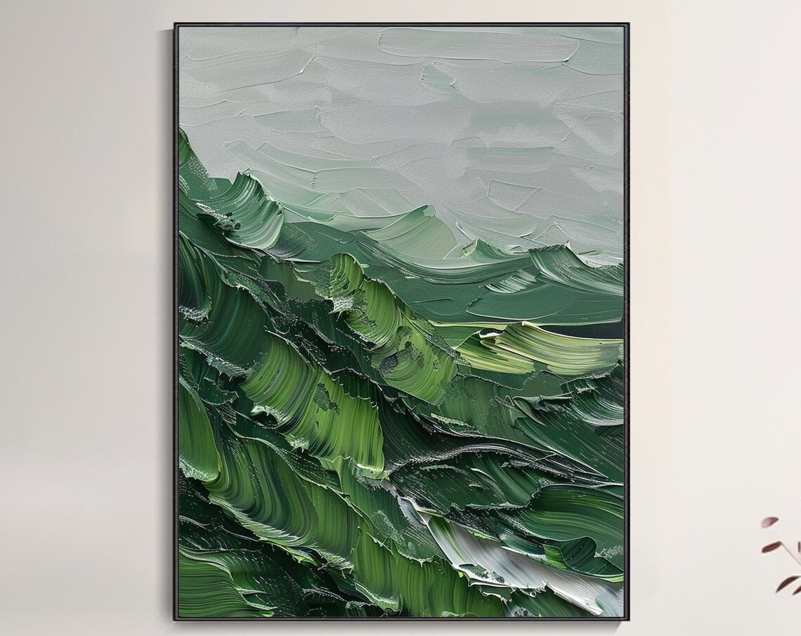 Emerald Green Mountain Ridges Misty Textured Landscape Art Poster