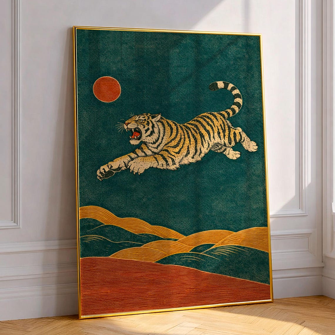 Leaping Tiger Japanese Woodblock Red Sun Ocean Wave Art Print