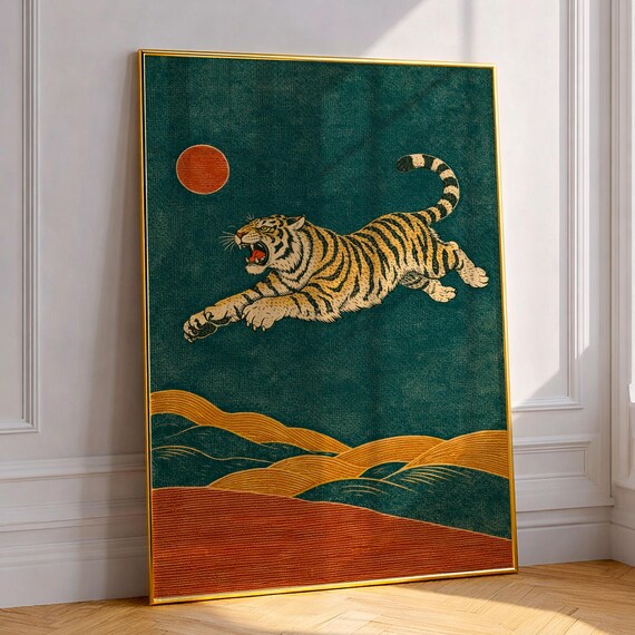 Japanese Tiger Poster Vintage Woodblock Print Art Wall Under The Moon Oriental Animal Decor Asian Ukiyoe Style Artwork