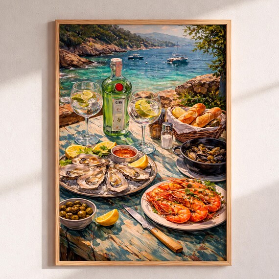 Seafood Platter Art Print Mediterranean Kitchen Wall Decor Bar Cart Poster Oysters And Prawns Still Life Coastal Beach House Home Design