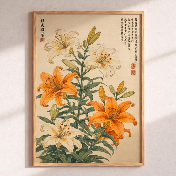Japanese Lily Ukiyoe Poster Vintage Woodblock Botanical Floral Art