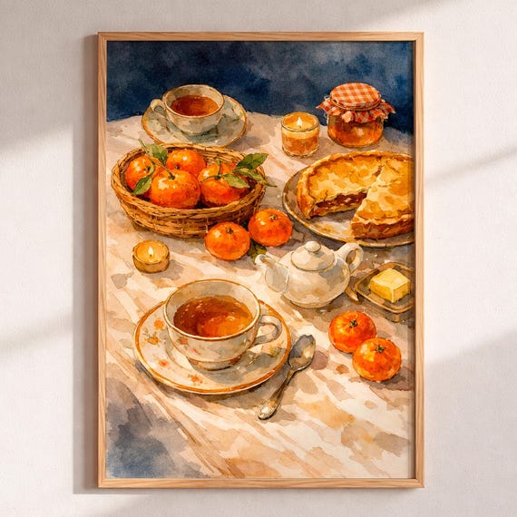 Cottagecore Watercolor Tea And Orange Still Life Art Print