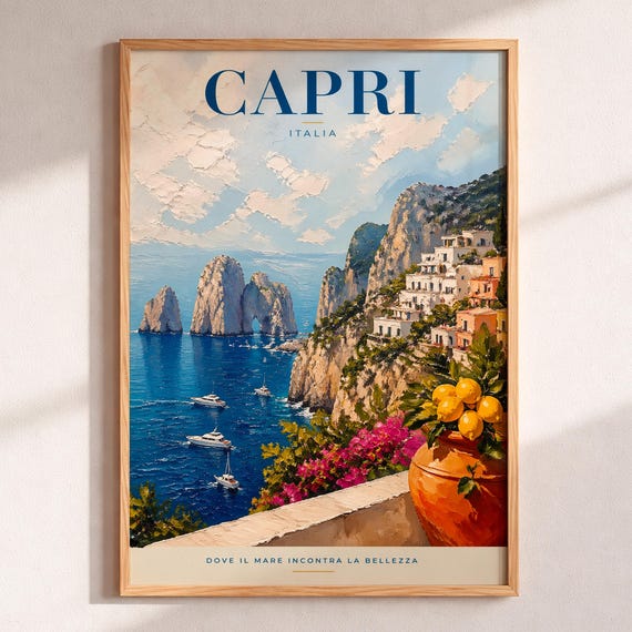 Capri Italy Travel Poster Faraglioni Wall Art Amalfi Coast Print Vintage Italian Island Decor Mediterranean Oil Painting Traveler Gift