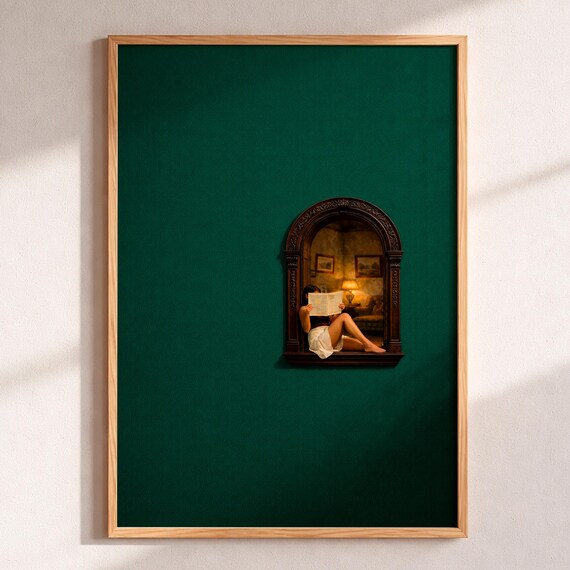 Woman Reading Window Nook Dark Green Poster Moody Library Book Lover Art