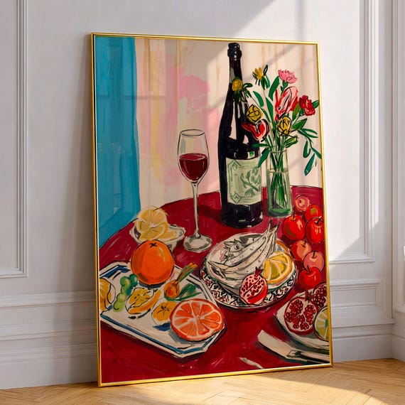 Dinner Party Food Art Print Retro Kitchen Poster Vintage Wine Still Life Wall Modern Dining Room Decor Colorful Mediterranean Fish Gift