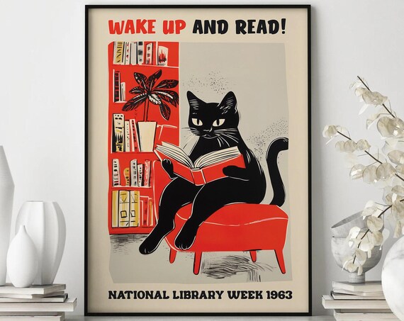 Black Cat Reading Book National Library Week 1963 Retro Poster
