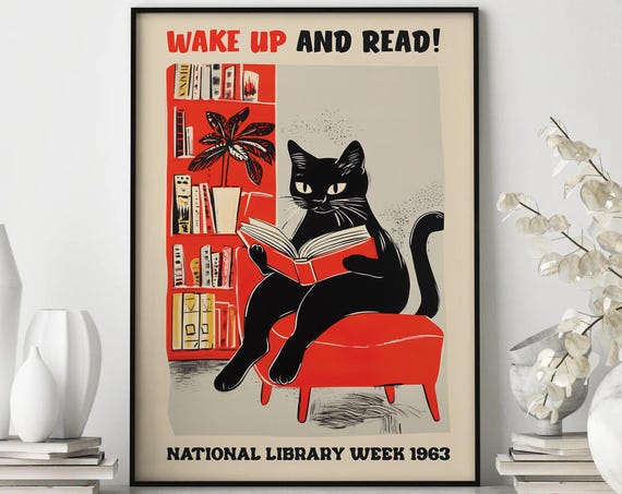 Cat Reading Poster Wake Up And Read National Library Wall Art Cute Cat Print Wall Decor Reading Art Print