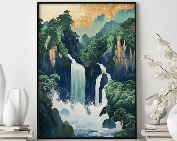 Hokusai Ukiyo E Japanese Waterfall Wall Art Japanese Wall Decor Landscape Poster Green Japanese Home Decor Japanese Lover Gift