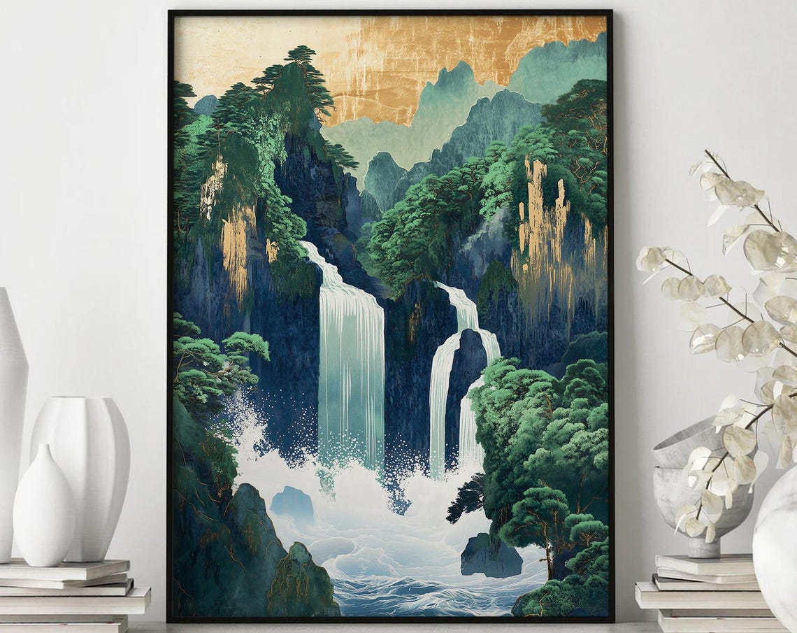 Japanese Twin Waterfall Ukiyo E Style Mountain Nature Poster