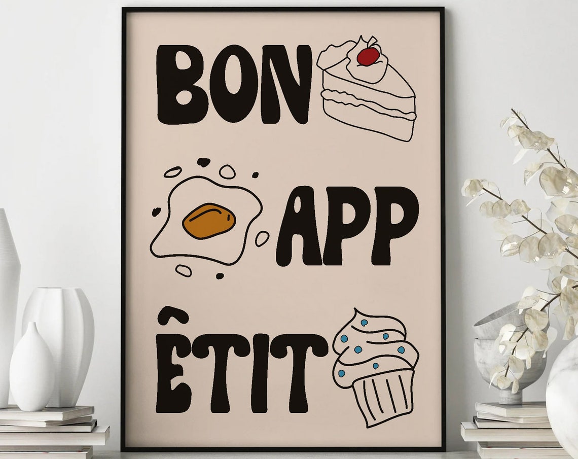 Bon Appetit Retro Kitchen Typography Cake Dessert Fun Art Poster