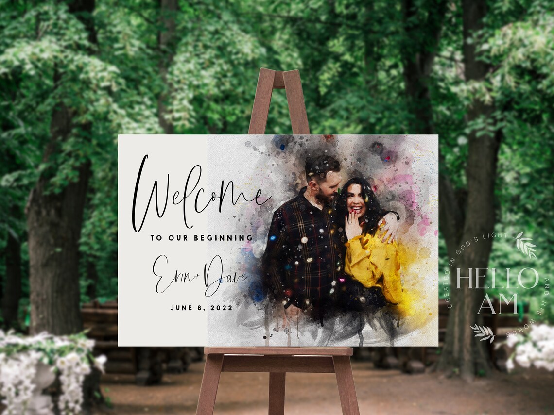 Wedding Welcome Sign, Watercolor Couple Portrait Art Print - Image 3