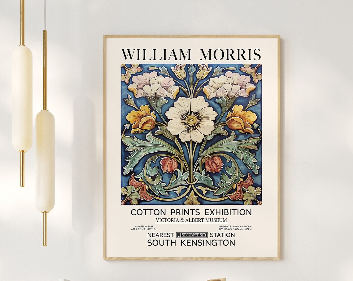 William Morris Cream Poppy and Blue Floral Museum Exhibition Poster