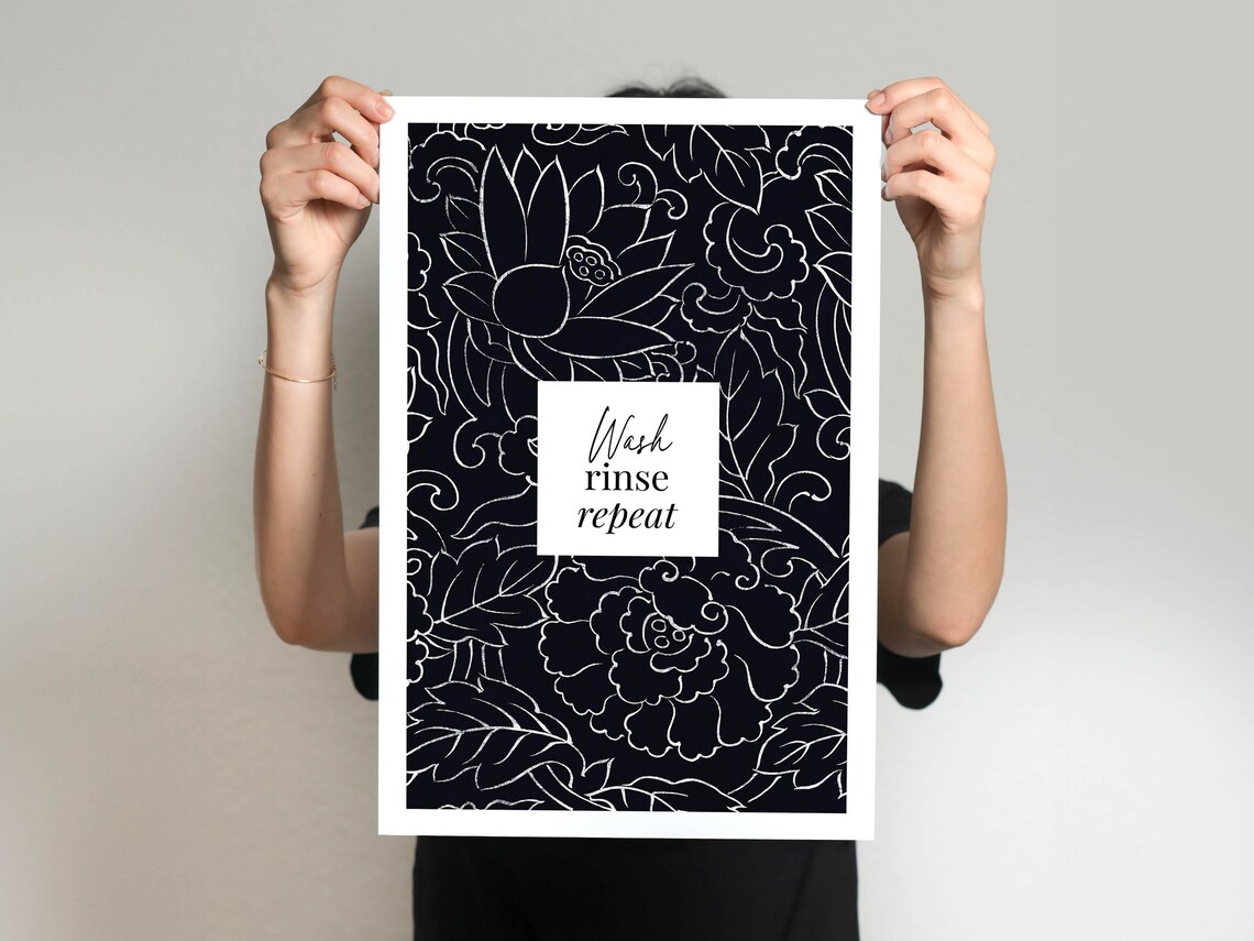 Wash Rinse Repeat Navy Floral Line Art Laundry Room Wall Poster