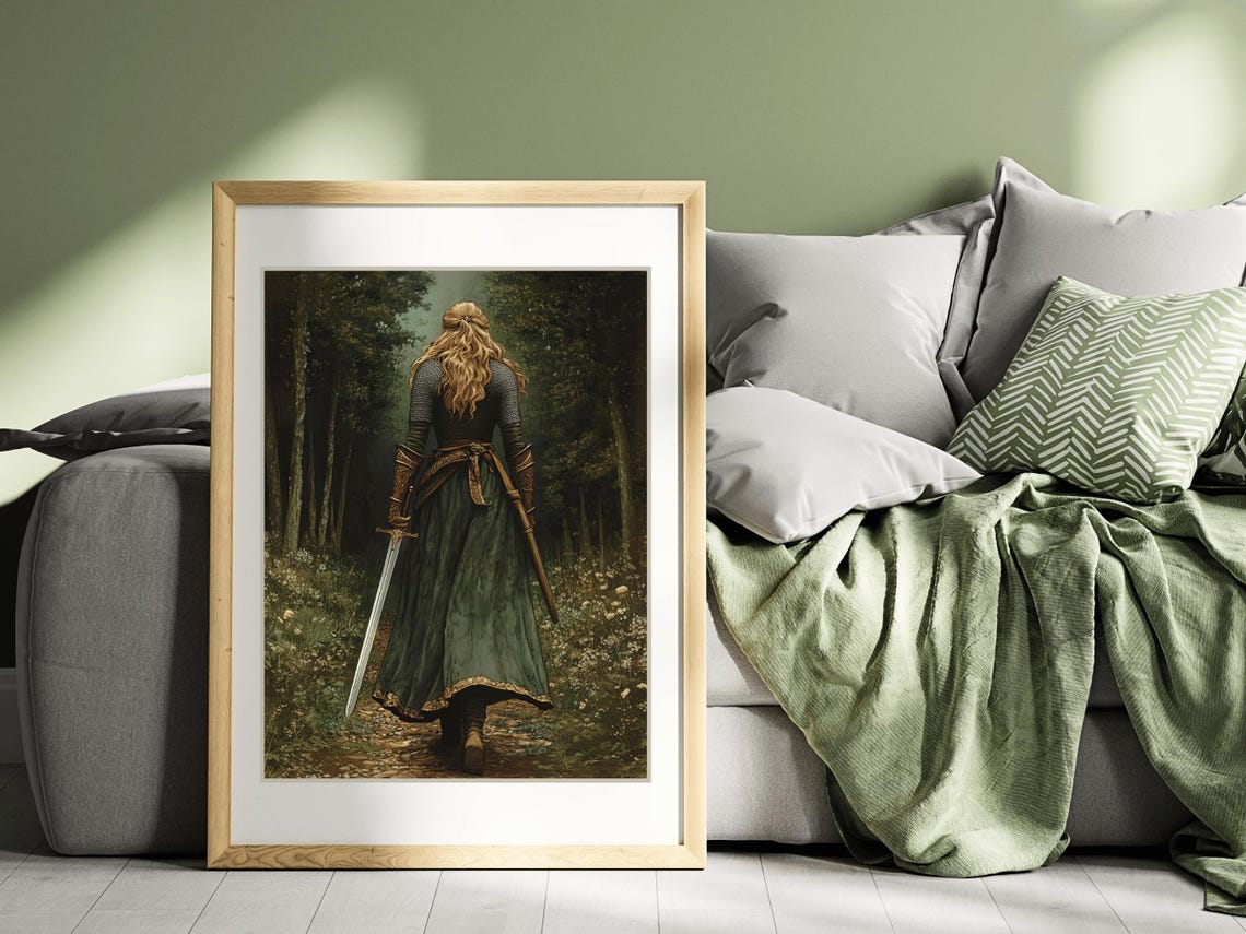 Lady Knight With Sword Walking Down A Woodland Path At Dusk Poster - Image 3