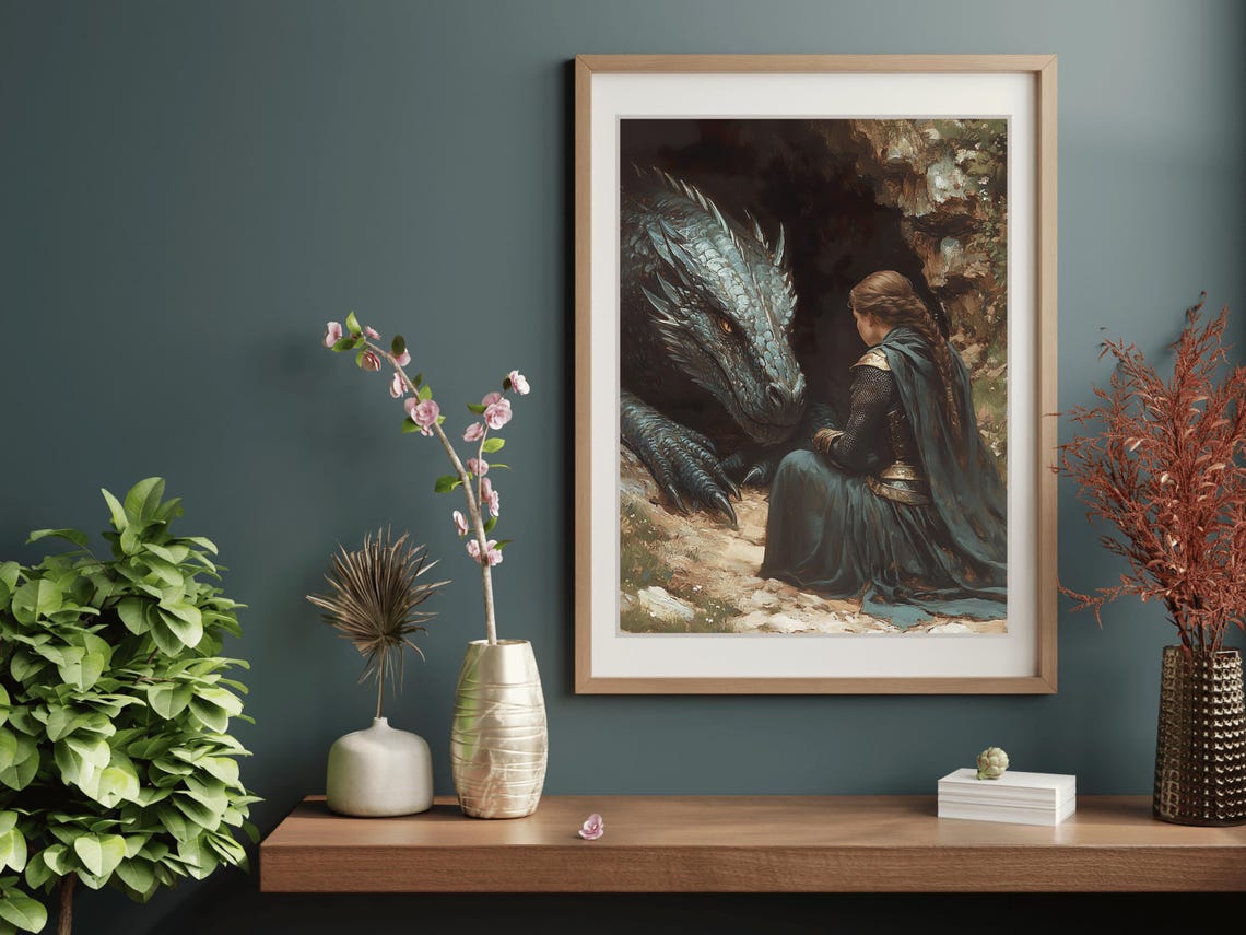 Lady Knight Teal Dragon Cave Medieval Fantasy Romantic Painting Poster - Image 5