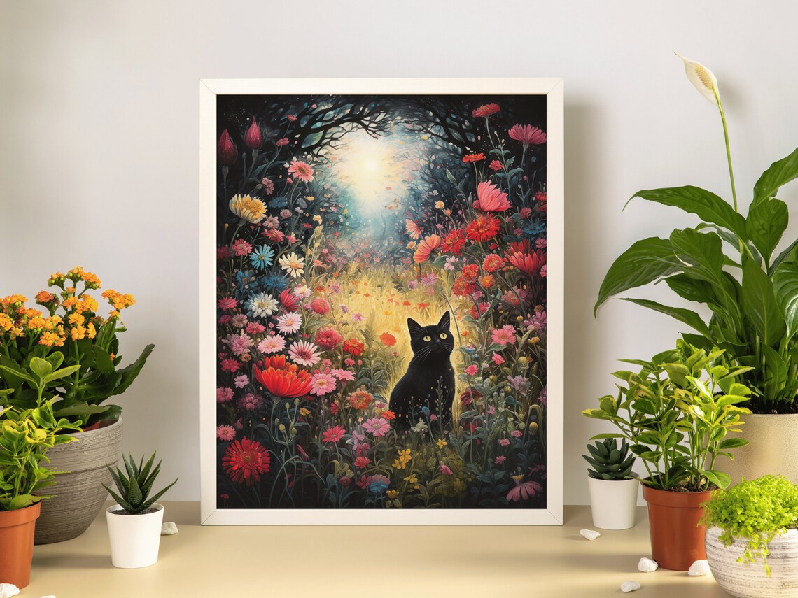 Black Cat Moonlit Wildflower Meadow Night Glow Magical Cat Painting Poster - Image 2