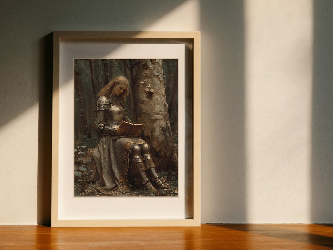 Lady Knight Reading By A Birch Tree In A Quiet Forest Poster - Image 4