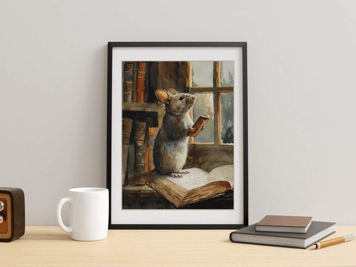 Cute Mouse Reading Book Library Window Watercolor Animal Painting Poster - Image 2