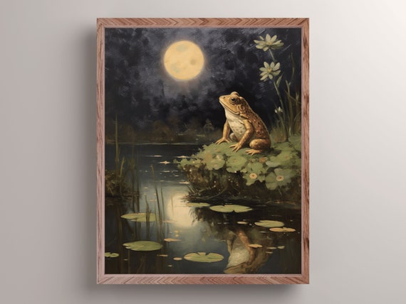 Frog Under The Full Moon Art Print Dark Cottagecore Frog Painting Sage Green Goblincore Wall Decor Vintage Frog Wall Art Frog Lover Gift