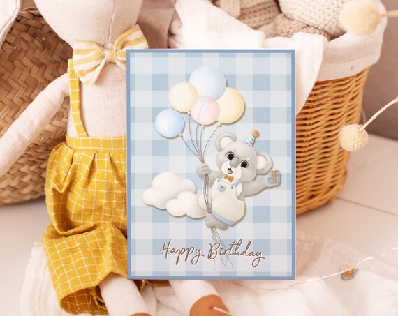 Birthday Card Happy In Blue Koala Greeting Baby Animal Mini Art Print 5x7