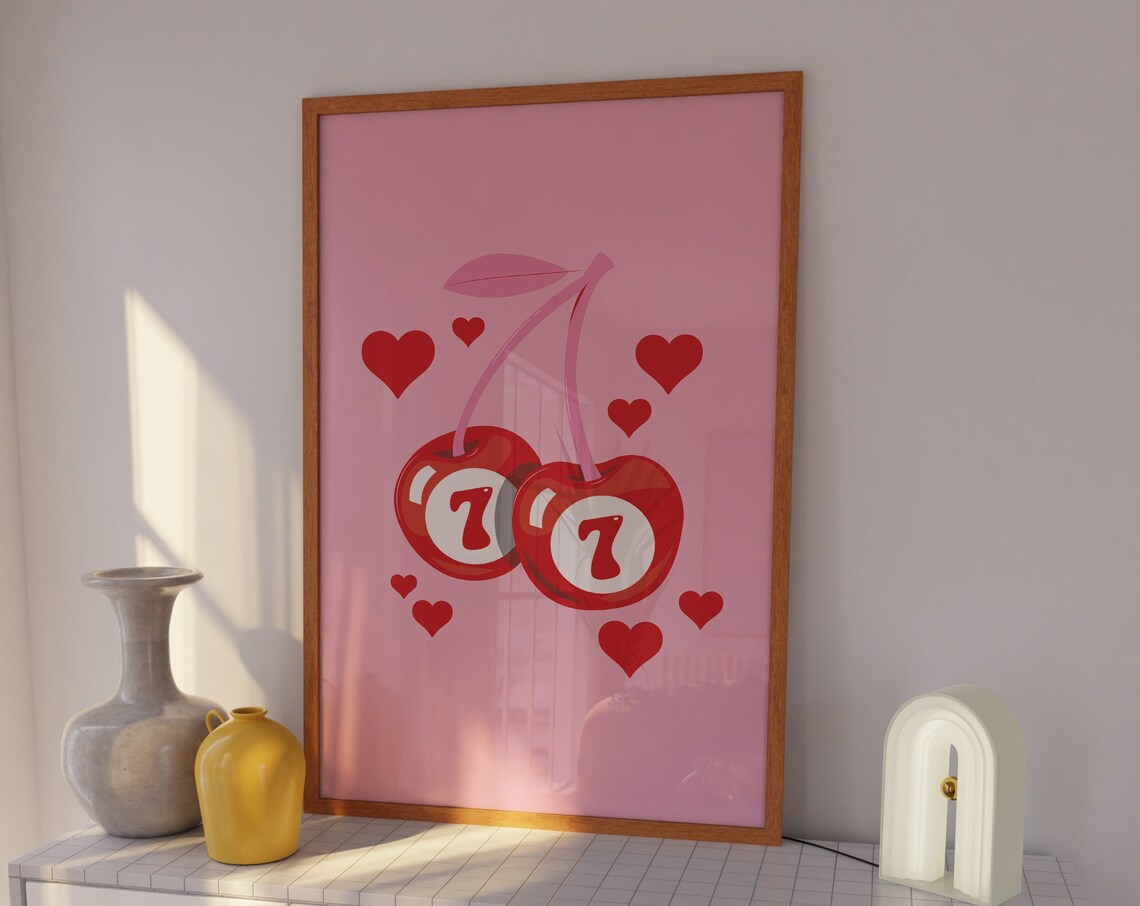 Pink And Red Cherry Print, Groovy Retro Poster - Image 5