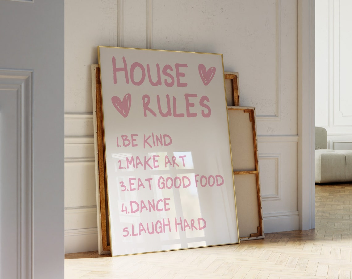 House Rules Pink Hand Lettered Be Kind Make Art Wall Art Poster