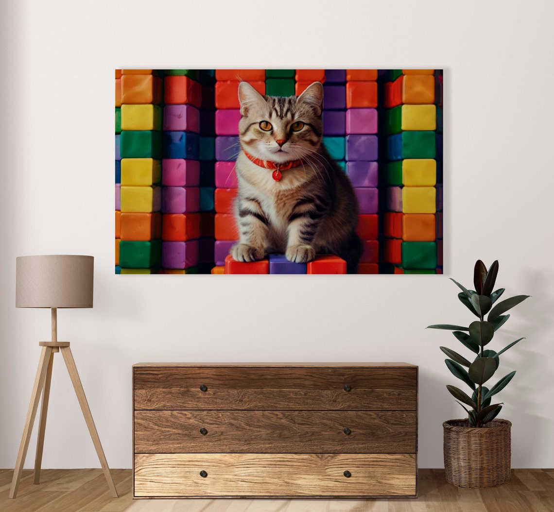 Tabby Cat With Red Collar And Bell Sitting On Rubiks Cubes Poster