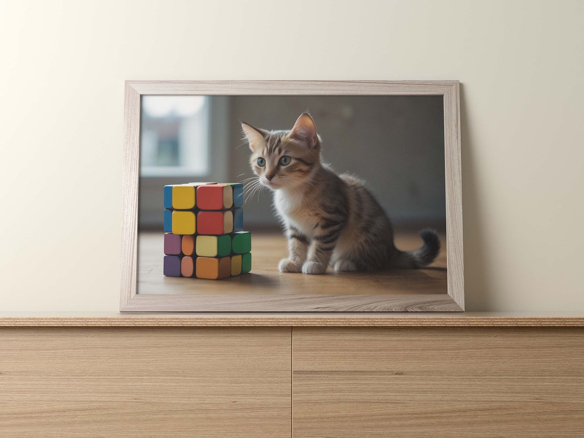 Blue Eyed Tabby Kitten Posing With Rainbow 4x4 Rubiks Cube Poster - Image 2