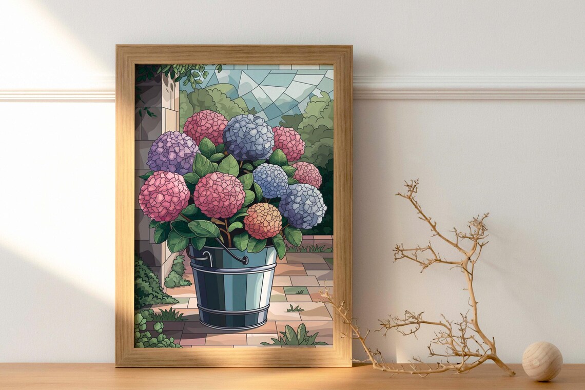 Colorful Hydrangeas In Metal Bucket Garden Stained Glass Poster - Image 2