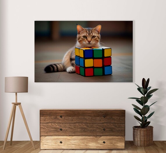 Grumpy Orange Cat Behind Big Puzzle Cube Funny Animal Poster