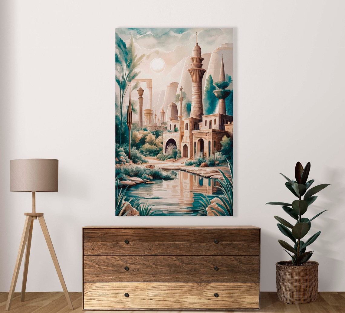 Historic Lakeside Mediterranean Town Watercolor Landscape Poster