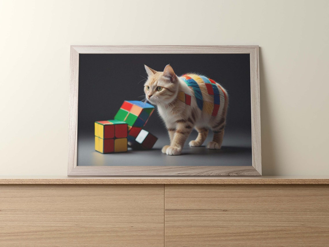 White Cat With Rainbow Cube Pattern Fur Dark Background Poster - Image 2