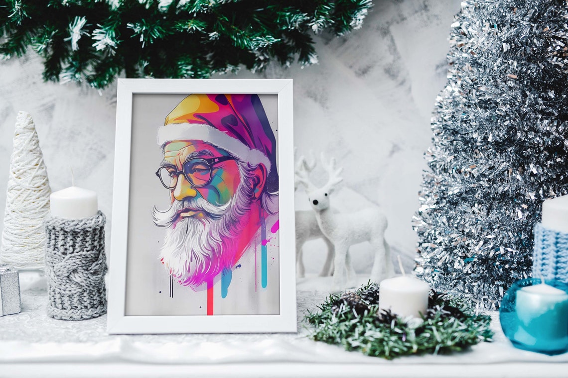 Ho Ho Ho Neon Pop Art Santa Portrait With Glasses Christmas Poster - Image 2