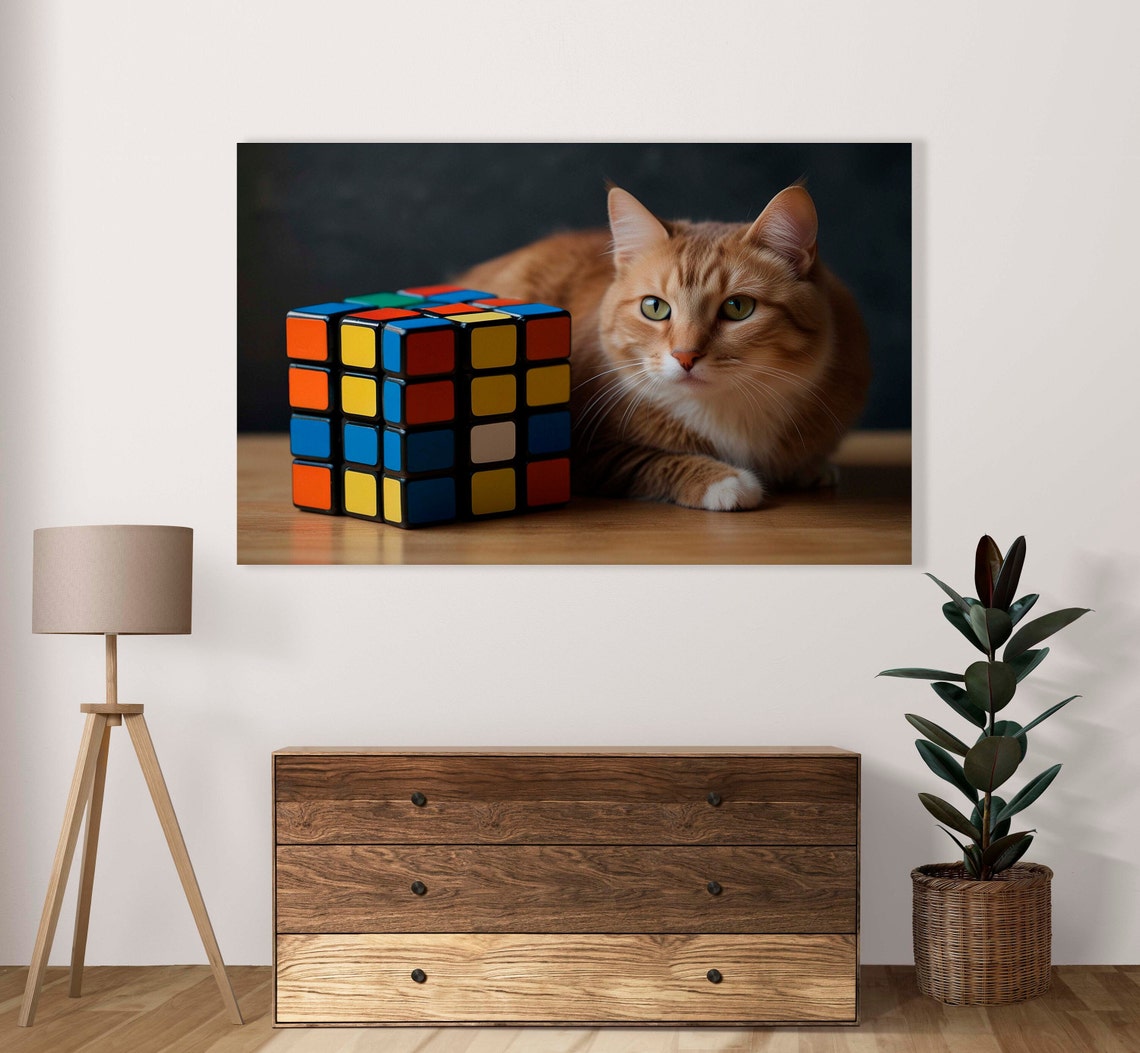 Green Eyed Orange Tabby Cat Lounging With A 4x4 Rubiks Cube Poster