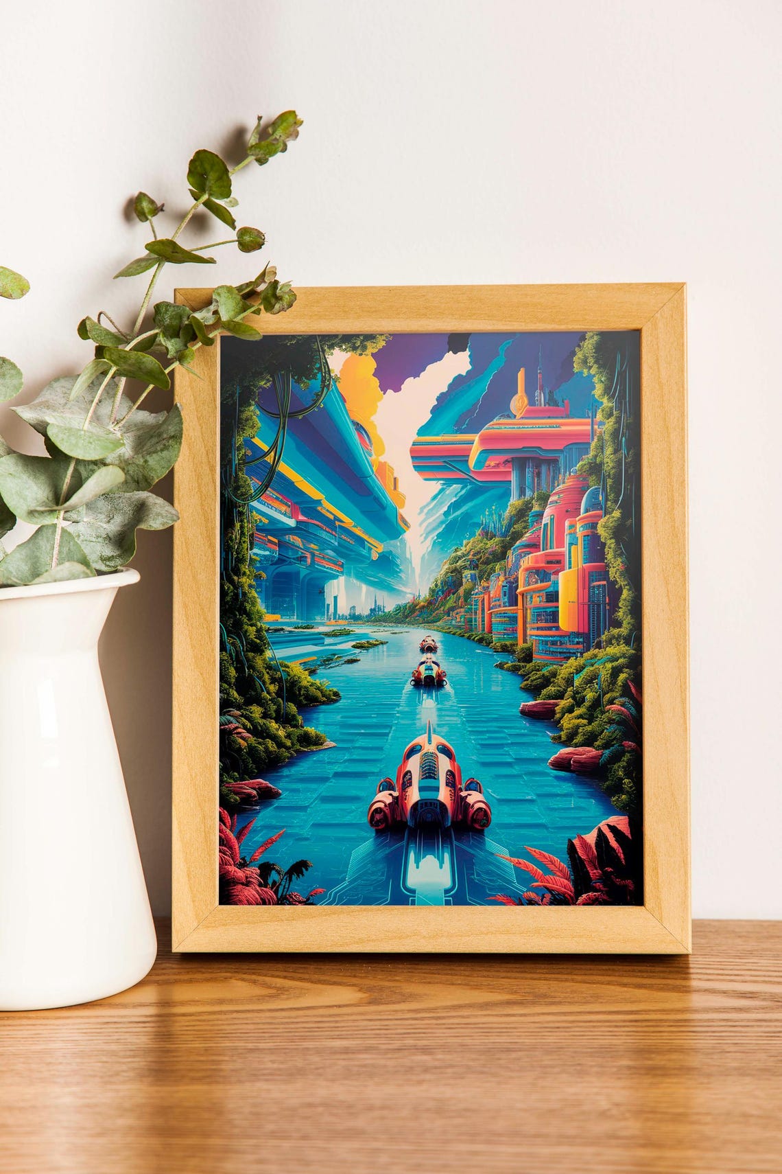 Futuristic Hover Vehicles In River Canyon Vibrant Sci Fi Poster - Image 2
