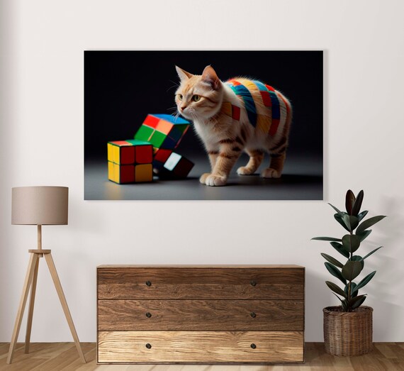 White Cat With Rainbow Cube Pattern Fur Dark Background Poster