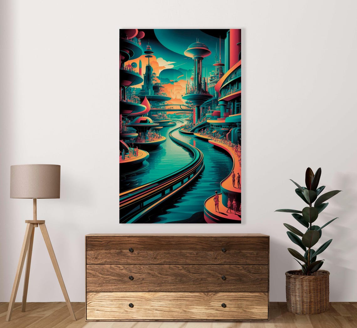 Futuristic Neon Canal City At Dusk Retro Sci Fi Artwork Poster
