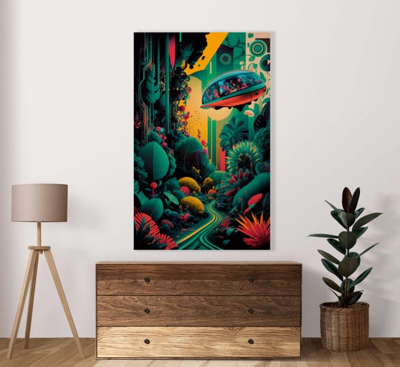 Space Ship In A Wild Forest Poster Set Of 1 Jpg Image Scifi Decor Commercial Use Fantastic Vivid Colors Landscape Art