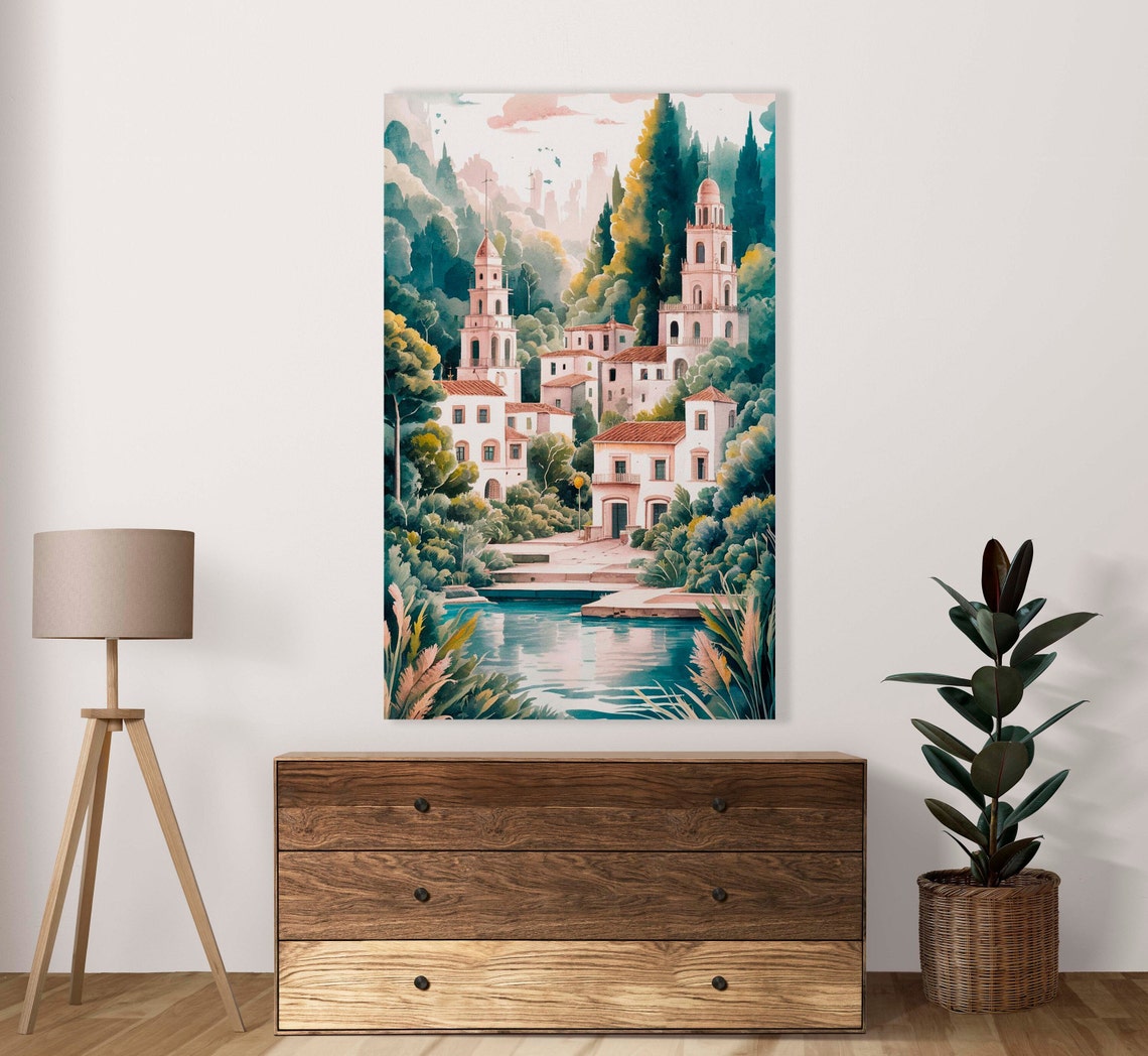 White Lakeside Town With Twin Church Towers Watercolor Poster