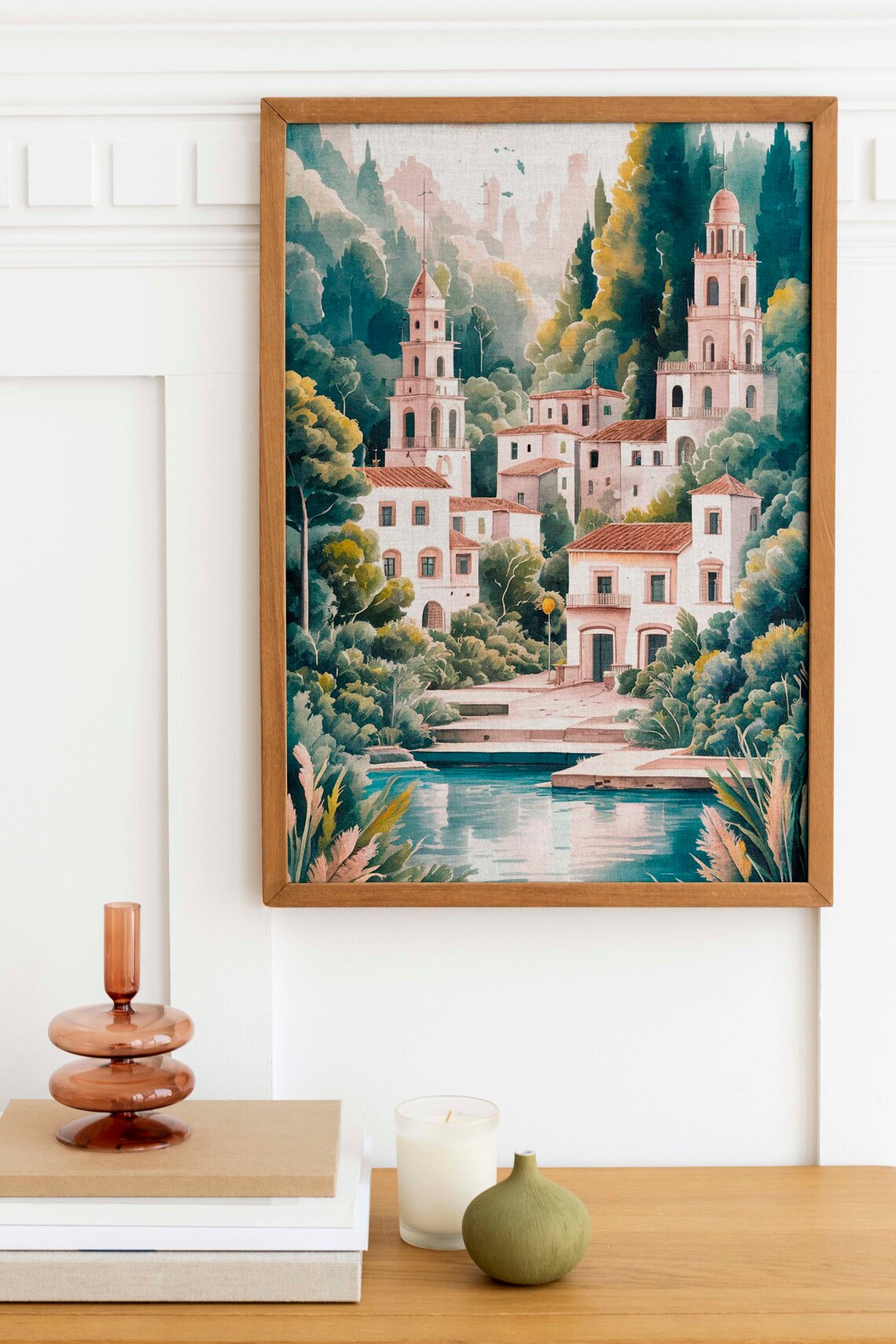 White Lakeside Town With Twin Church Towers Watercolor Poster - Image 2