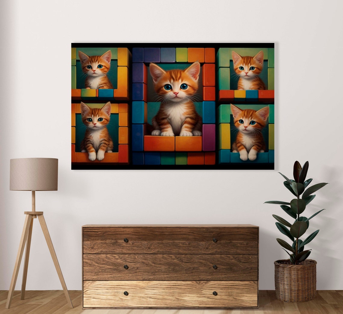Five Orange Kittens in Colorful Blocks Collage Portrait Poster