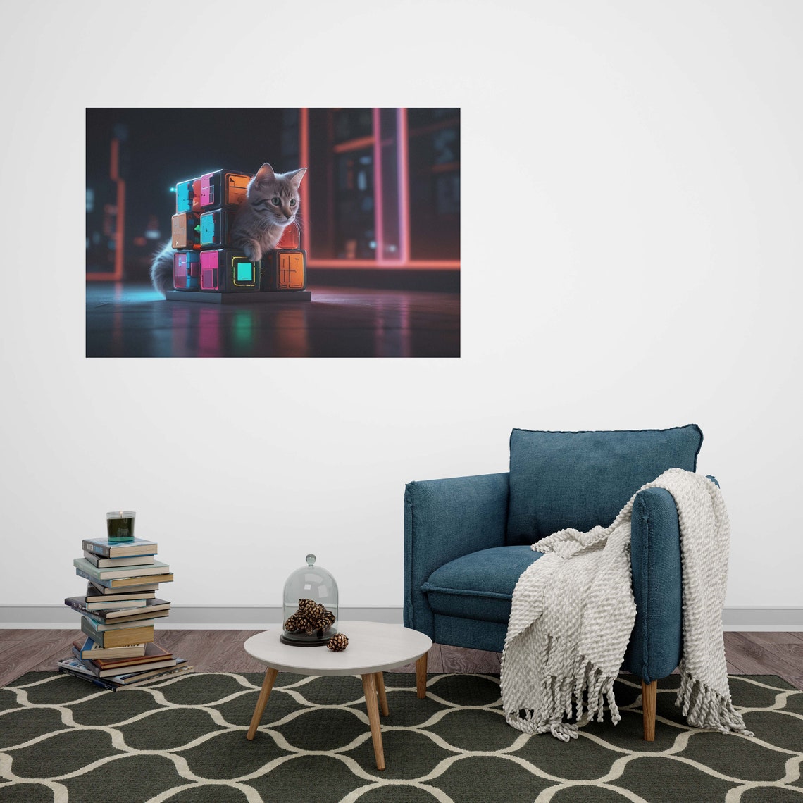 Gray Tabby Cat With Neon Glowing Cubes In A Night City Poster - Image 2
