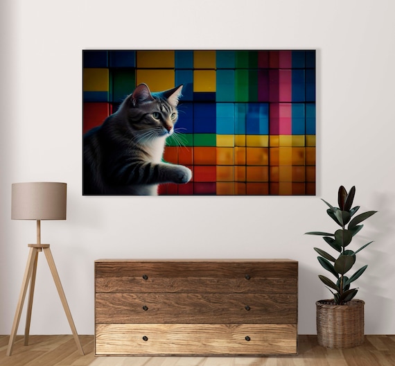 Friendly Grey Tabby Cat Reaching Out Against a Rainbow Cube Wall Poster