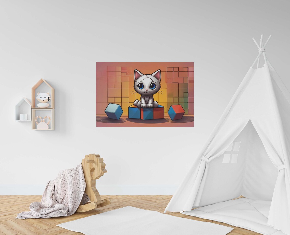 Adorable White Cartoon Kitten With Big Blue Eyes Among Toy Blocks Poster - Image 2