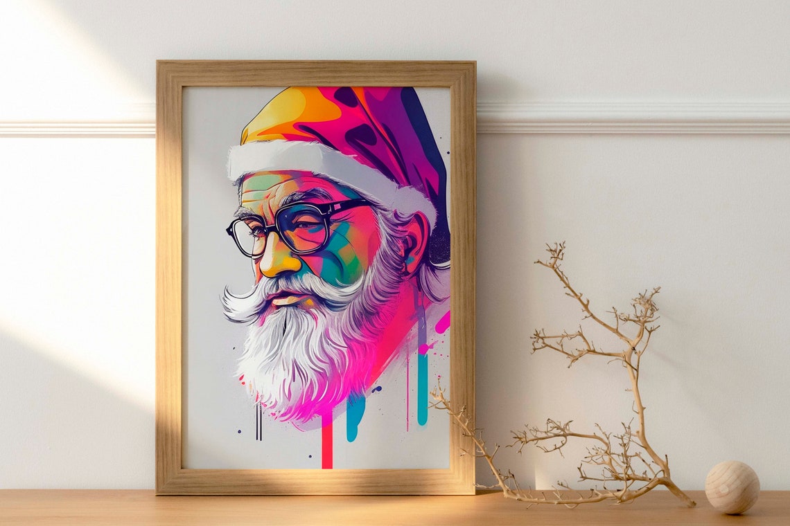 Ho Ho Ho Neon Pop Art Santa Portrait With Glasses Christmas Poster